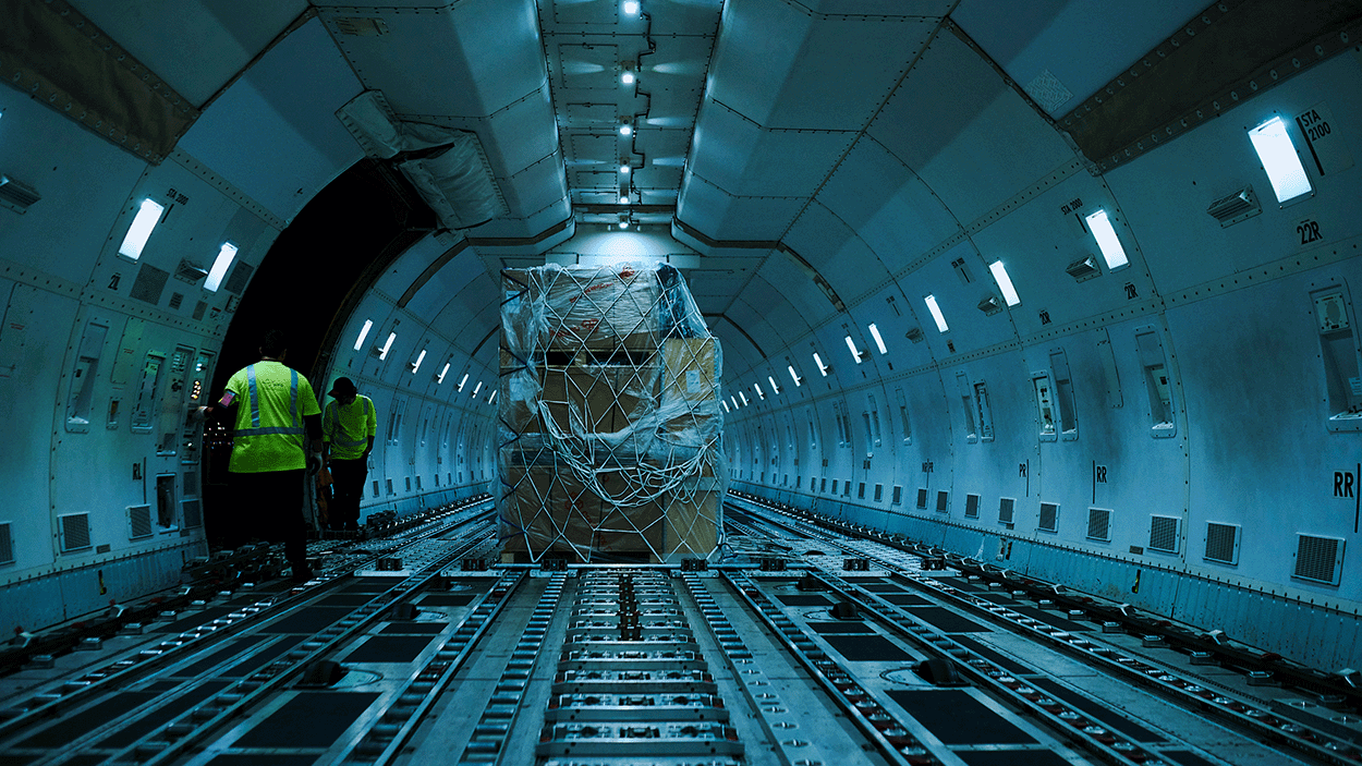 Inside view of an airplane with freight in it